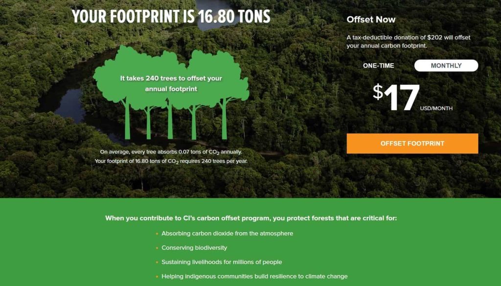 A carbon footprint calculator's call to action for you to buy carbon offsets to offset your footprint