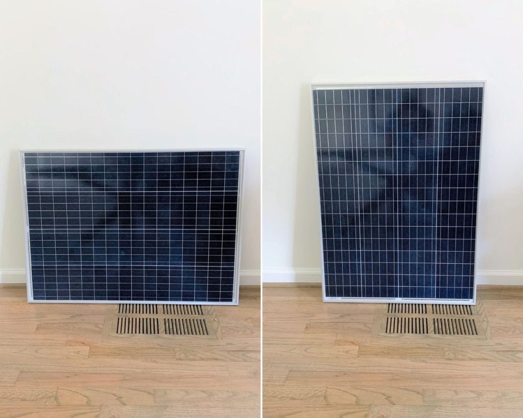 A 100 watt solar panel oriented horizontally next to another 100 watt solar panel oriented vertically