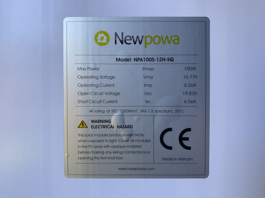 Key specs of Newpowa 100W 12V solar panel